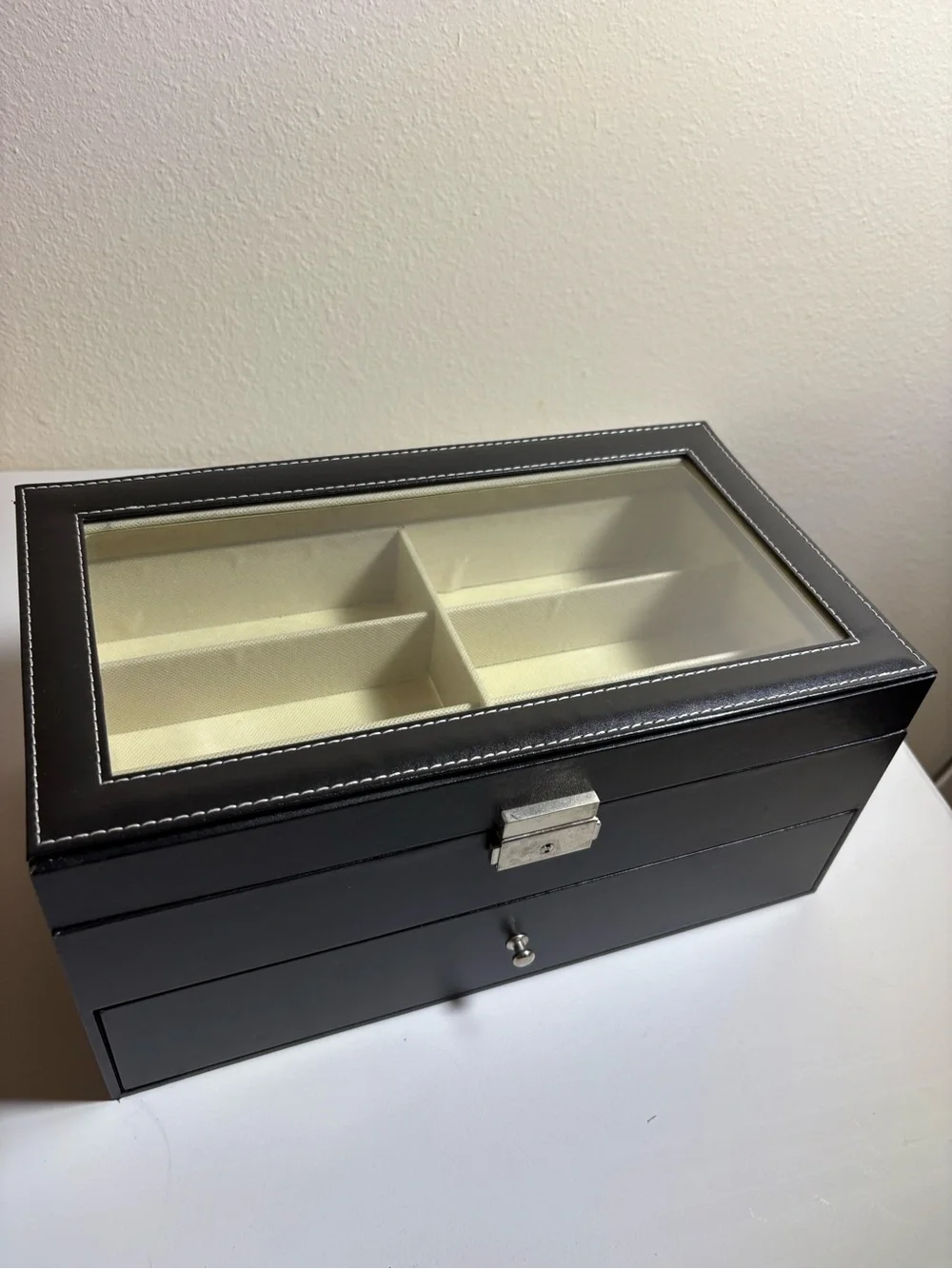 Black Jewelry Organizer Box with Glass Top and Drawer